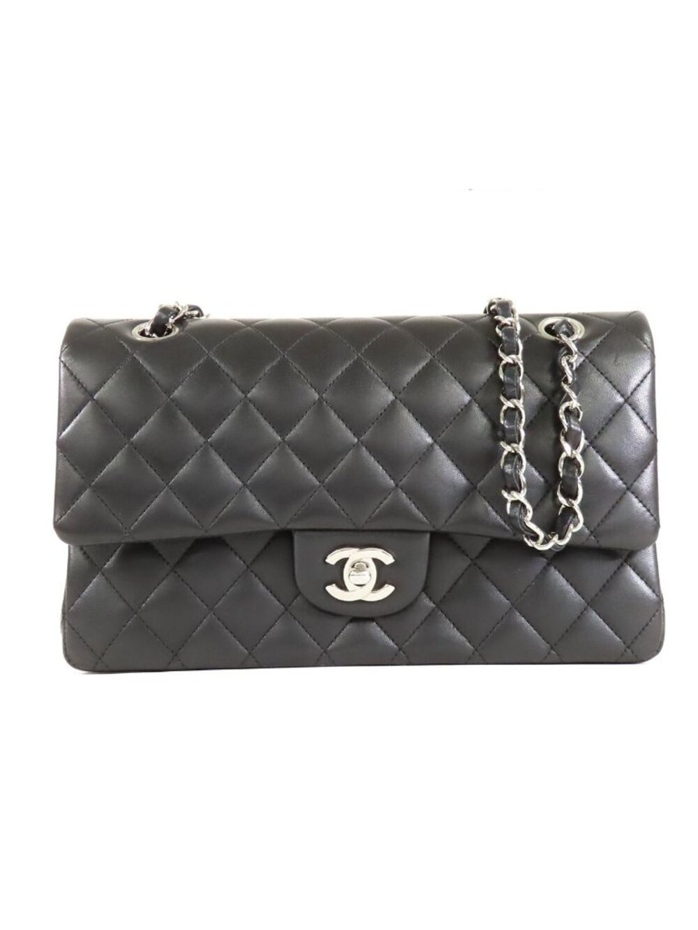 Chanel Classic Black Silver Lambskin Quilted 25 Double Flap Chain Shoulder Bag